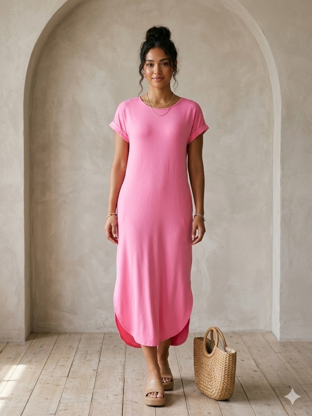 Scarlett Pink‎ Asymmetrical Midi T-Shirt Dress